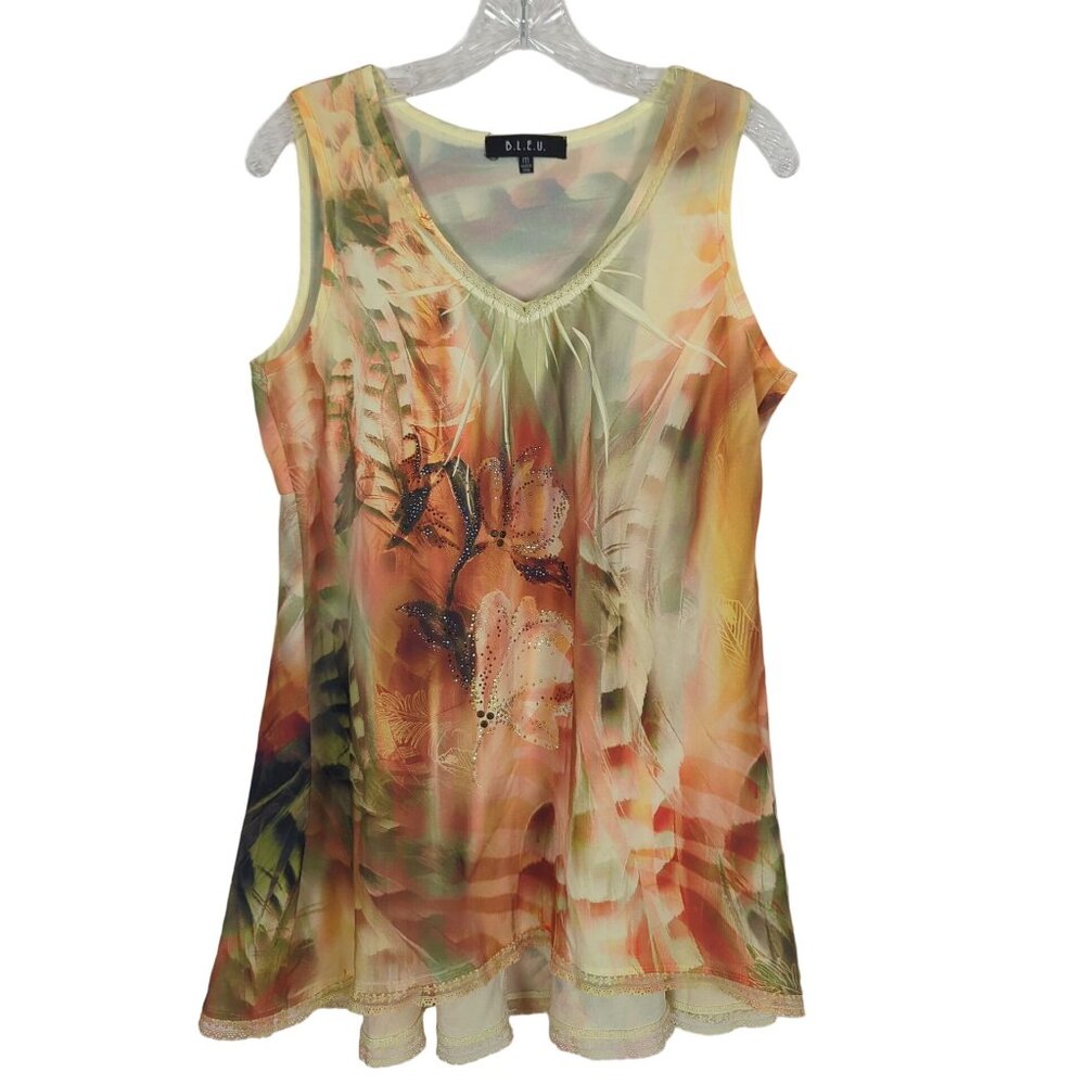 B.L.E.U. Top Medium‎ Floral Sleeveless Blouse With Floral Print Rhinestones